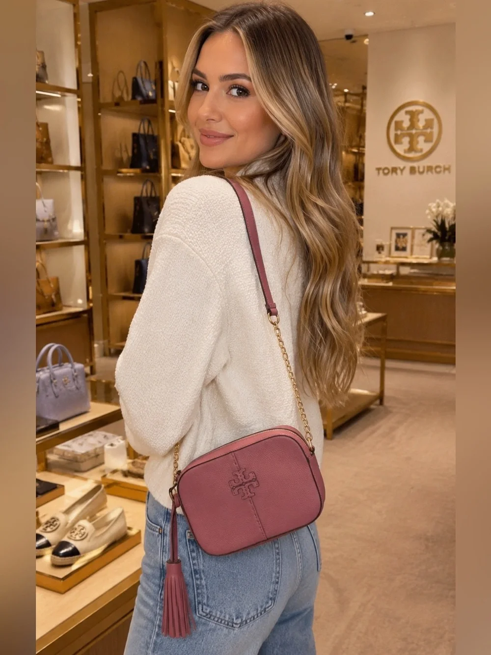 Like New ~ Tory Burch Dusty Rose Pebbled Leather Crossbody Camera Bag